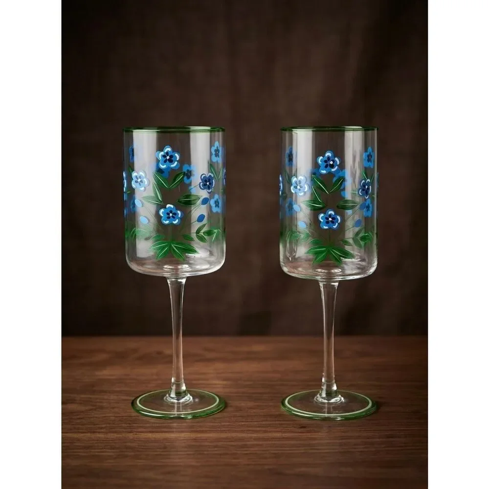 Hand Painted Blue Flower Wine Glasses Set of 2 Floral Stemware Footed Tumbler